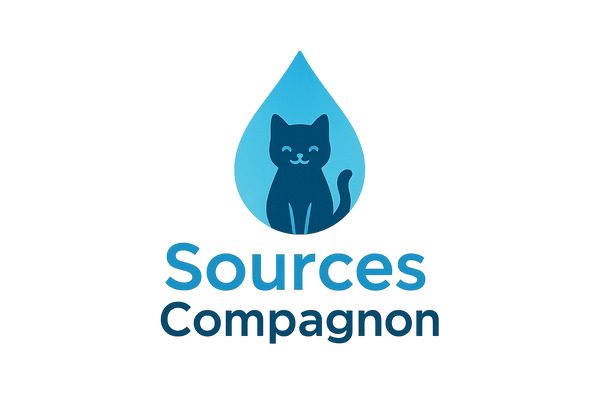 logo avec le nom sources compagnon avec chat dans une goutte
